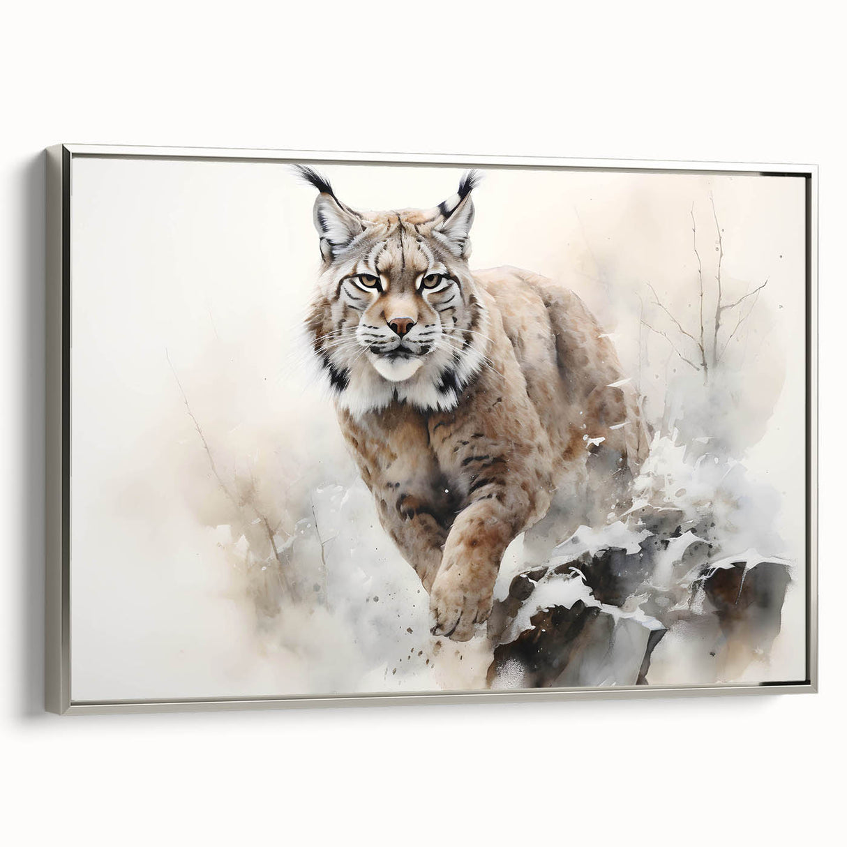 Framed canvas wall art showcasing a detailed lynx design in a silver frame, perfect for adding a touch of wildlife elegance to home decor.