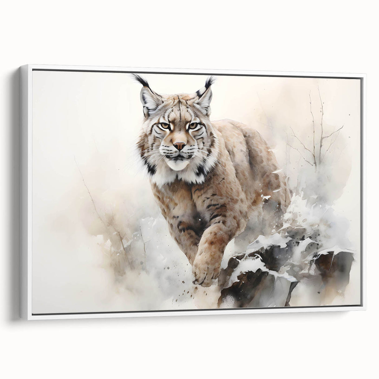 Framed wall art featuring a stylized lynx design in vibrant colors, set against a white background, showcasing modern wildlife decor for nature enthusiasts.