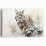 Lynx wall art design on stretched canvas showcasing a vivid, detailed illustration of a lynx in a natural setting, perfect for wildlife enthusiasts and home decor.