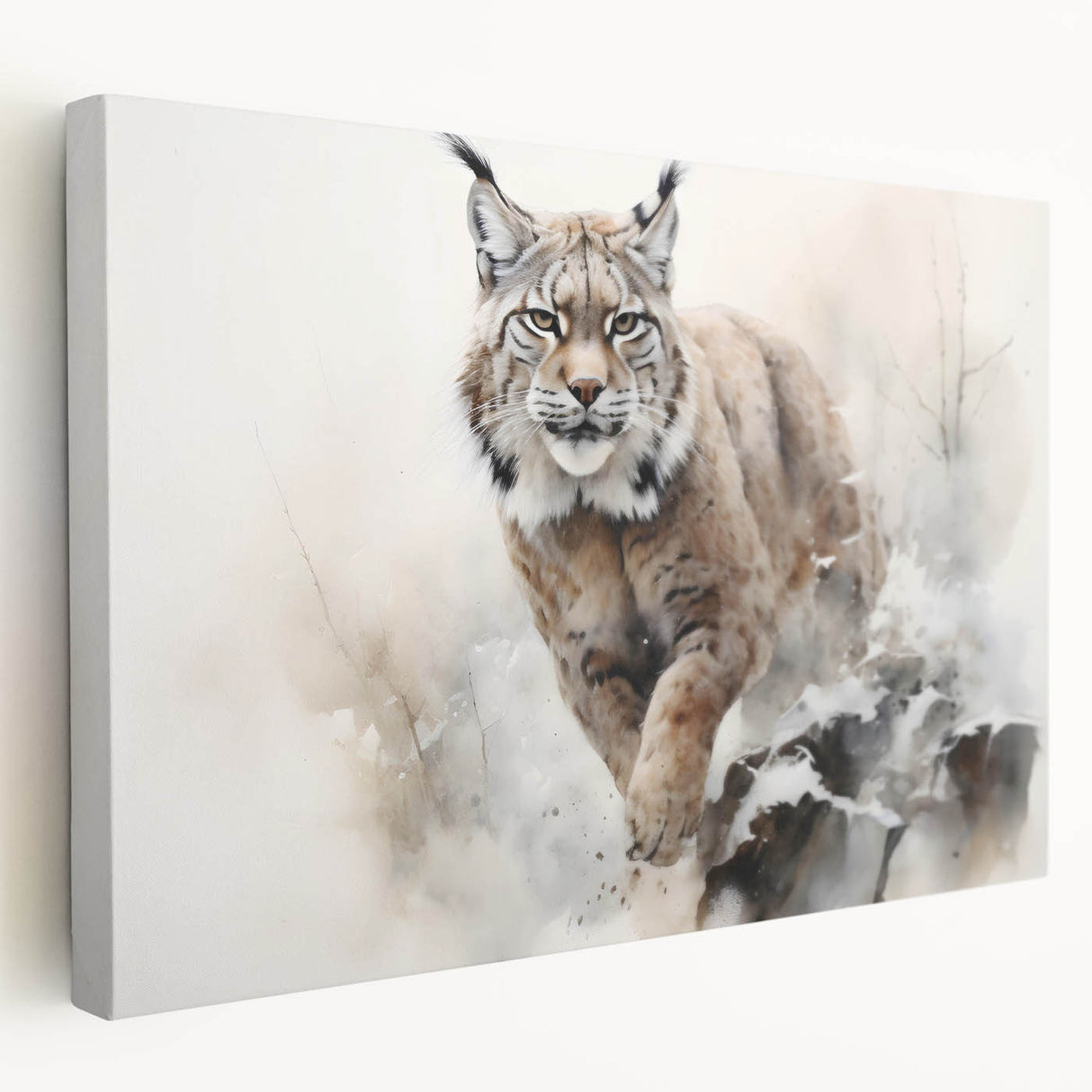 Lynx wall art design printed on stretched canvas, showcasing intricate details and natural colors, ideal for enhancing wildlife-themed decor in living spaces.