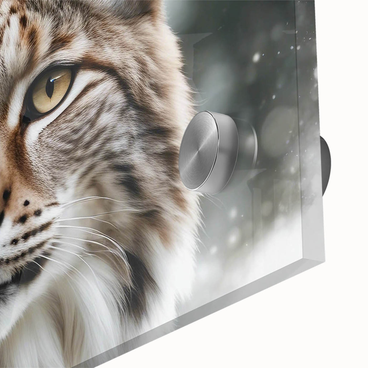 Close-up of a vibrant lynx wall art design printed on acrylic glass, showcasing intricate details and rich colors, perfect for wildlife-themed decor.