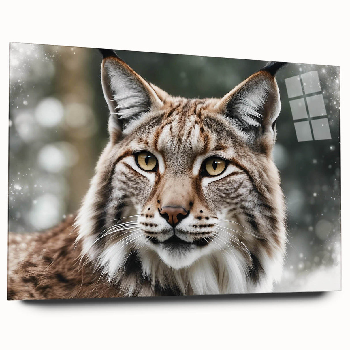 Lynx wall art design showcasing a stunning acrylic glass piece in a side view, highlighting intricate details and vibrant colors, perfect for wildlife enthusiasts.