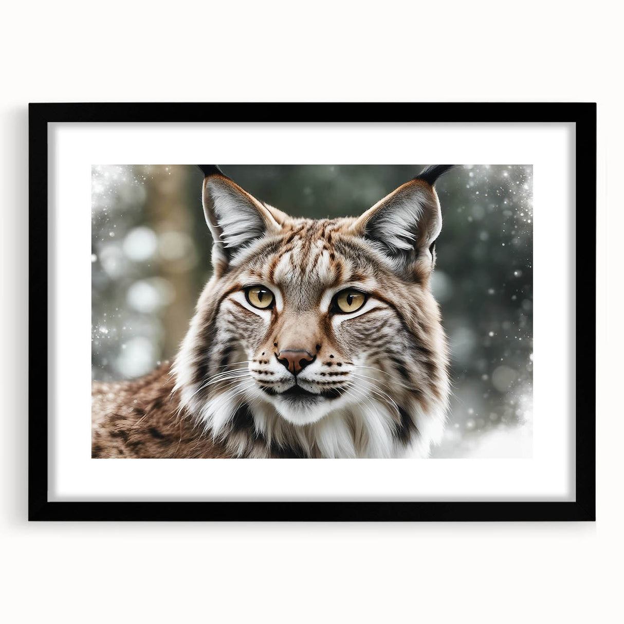 Lynx design wall art framed in black with a mat, showcasing a stunning wildlife illustration, perfect for modern home decor and animal lovers’ collections.