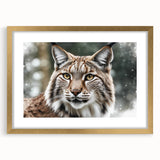 Lynx wall art design featuring a striking gold frame and mat, showcasing a wild animal theme perfect for home decor. Ideal for nature lovers and art enthusiasts.