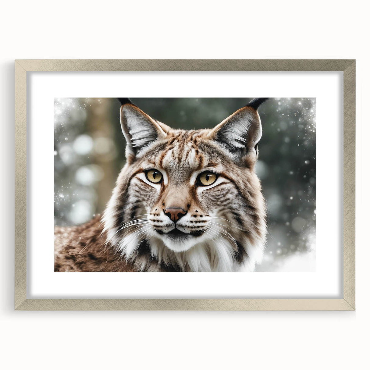 Lynx-themed wall art design framed in silver, showcasing intricate details and a mat finish, perfect for enhancing wildlife decor in any room.