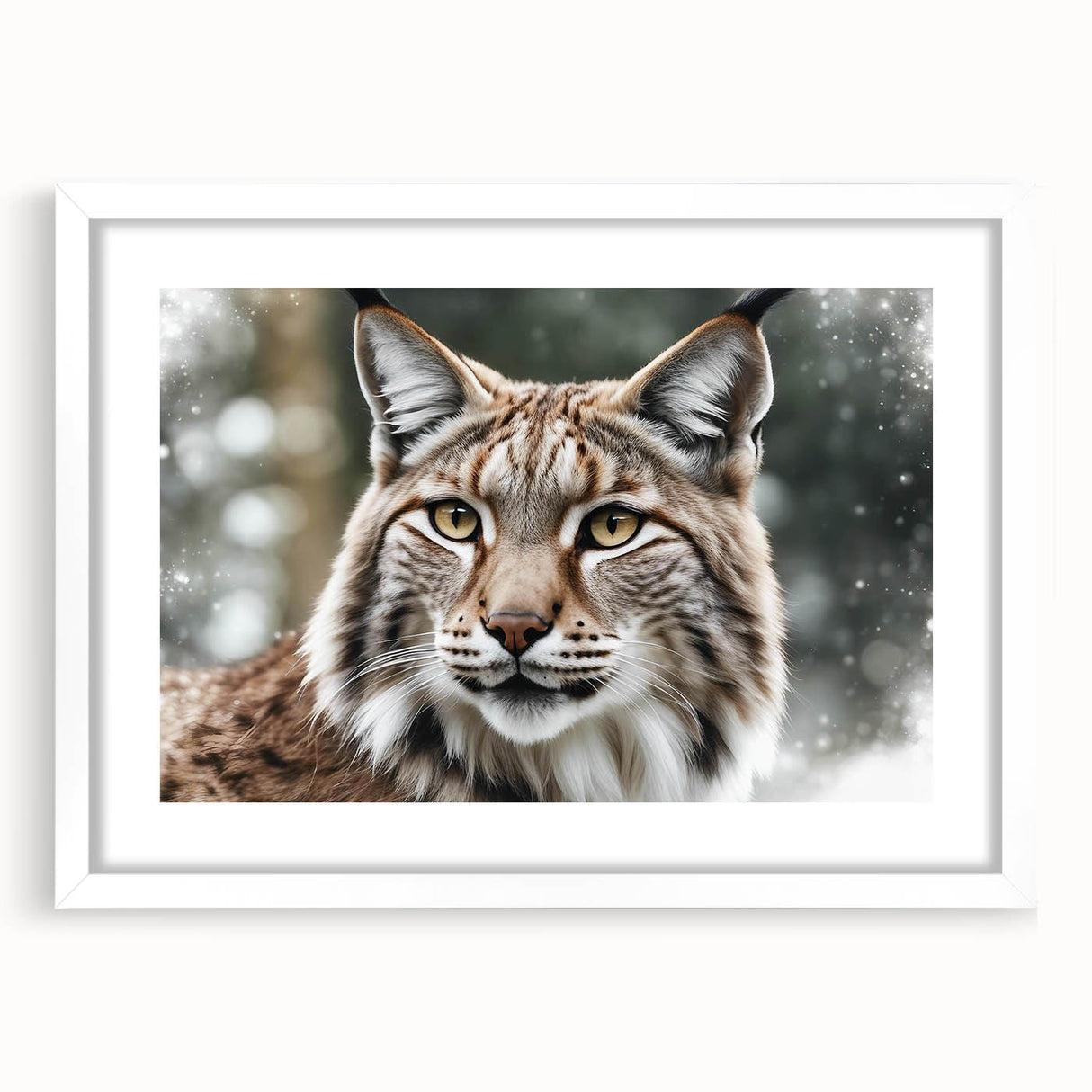 Lynx wall art collection framed in white matting, showcasing a detailed, artistic depiction of a wild lynx in a natural setting, perfect for wildlife enthusiasts.