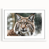 Lynx wall art collection framed in white matting, showcasing a detailed, artistic depiction of a wild lynx in a natural setting, perfect for wildlife enthusiasts.