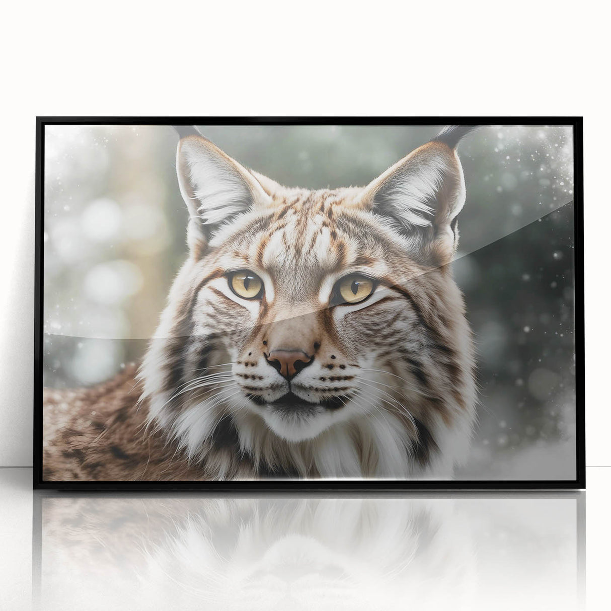 Framed acrylic wall art showcasing a striking lynx design, featuring a black frame and vibrant colors, perfect for wildlife enthusiasts and modern decor.