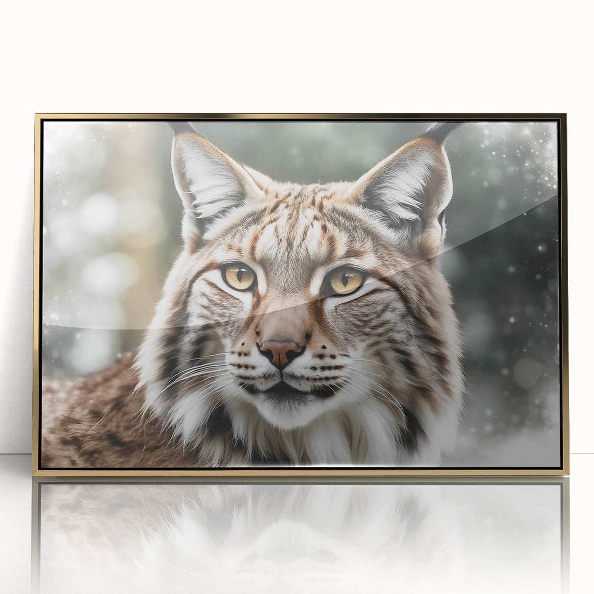 Framed wall art featuring a striking lynx design in gold acrylic, showcasing intricate details and vibrant colors, perfect for animal lovers and modern decor.