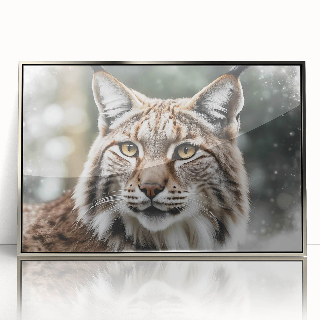 Framed acrylic wall art featuring a stunning lynx design, showcasing intricate details and vibrant colors in a silver frame, enhancing any modern decor.