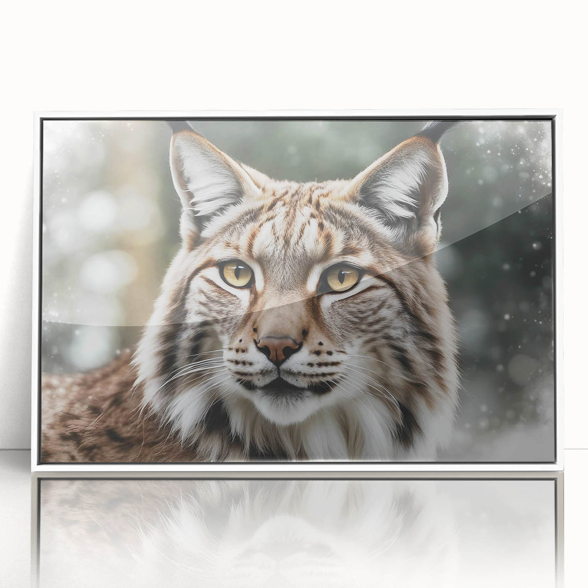 Framed wall art featuring a striking lynx design in vibrant colors, displayed in a sleek white frame, perfect for adding a touch of wildlife elegance to any decor.
