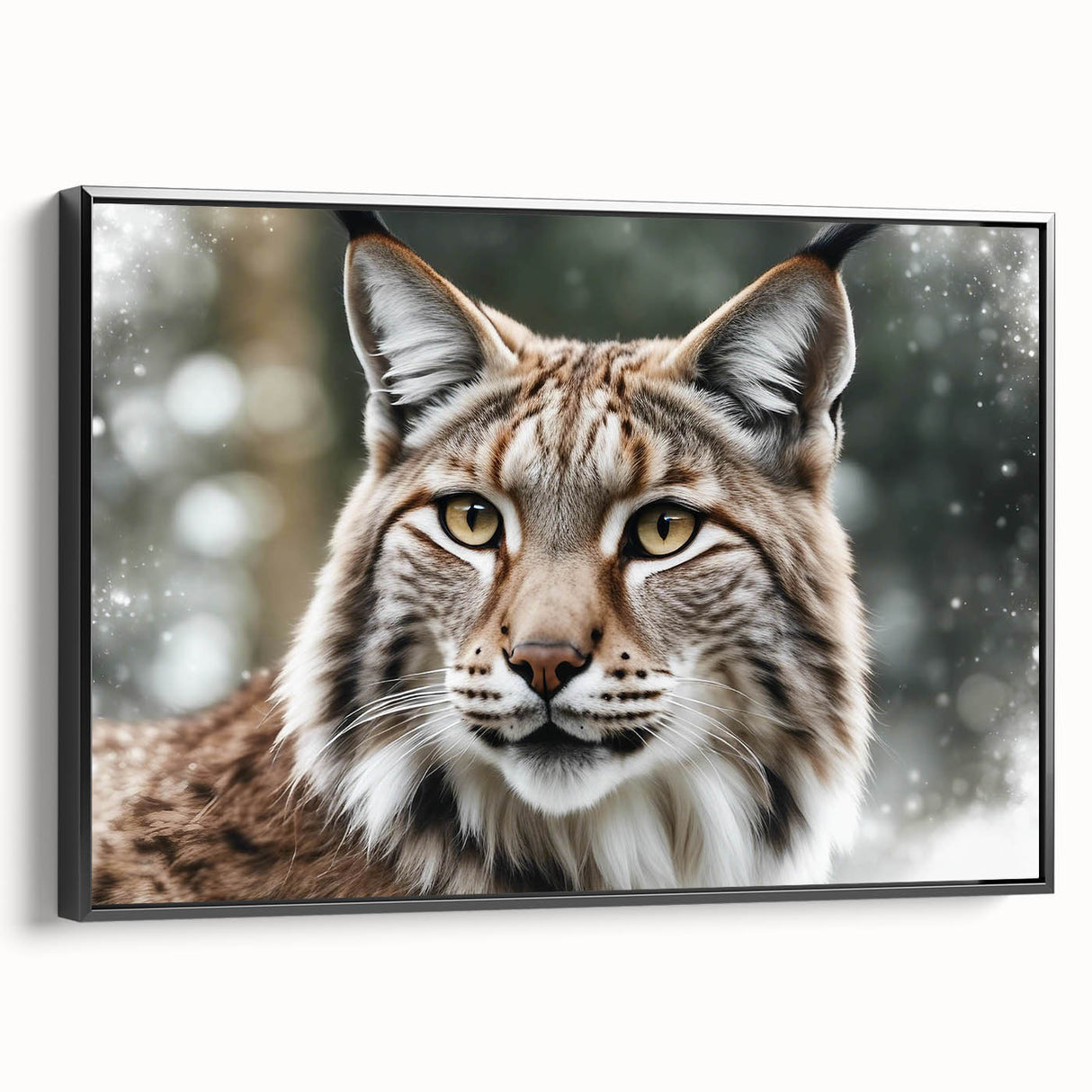 Framed canvas wall art featuring a detailed lynx design, showcasing vibrant colors and intricate patterns, set against a sleek black background, perfect for wildlife enthusiasts.