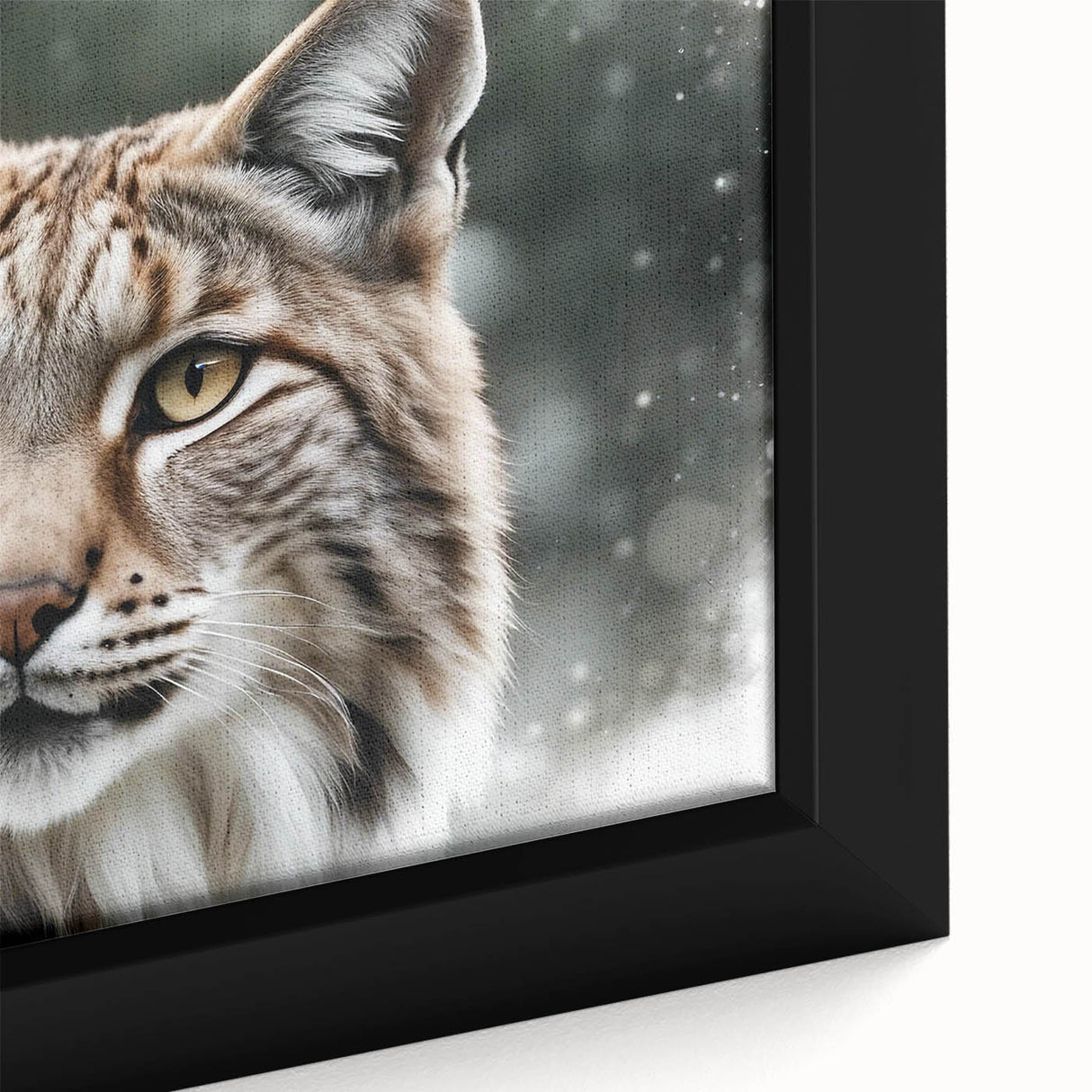 Close-up of a framed canvas wall art depicting a majestic lynx in its natural habitat, showcasing intricate details and vibrant colors that highlight its striking features, perfect for wildlife enthusiasts and home decor.