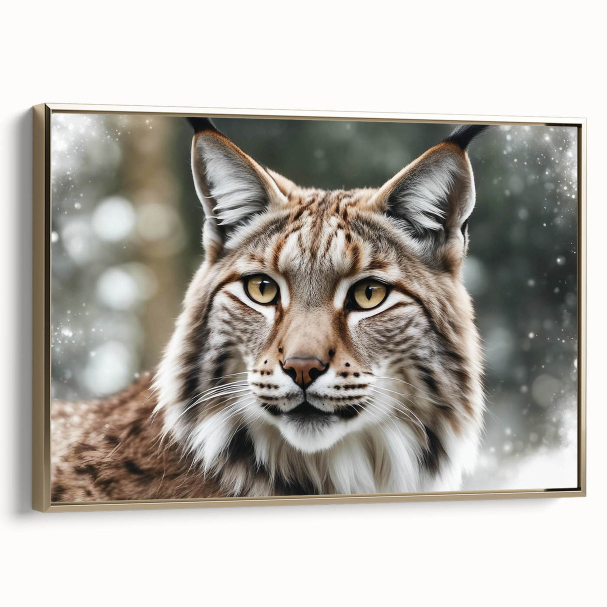 Framed wall art featuring a sleek side view of a lynx design, showcasing intricate details and gold accents, perfect for wildlife enthusiasts and modern decor. Ideal for adding a touch of nature-inspired elegance to any space.