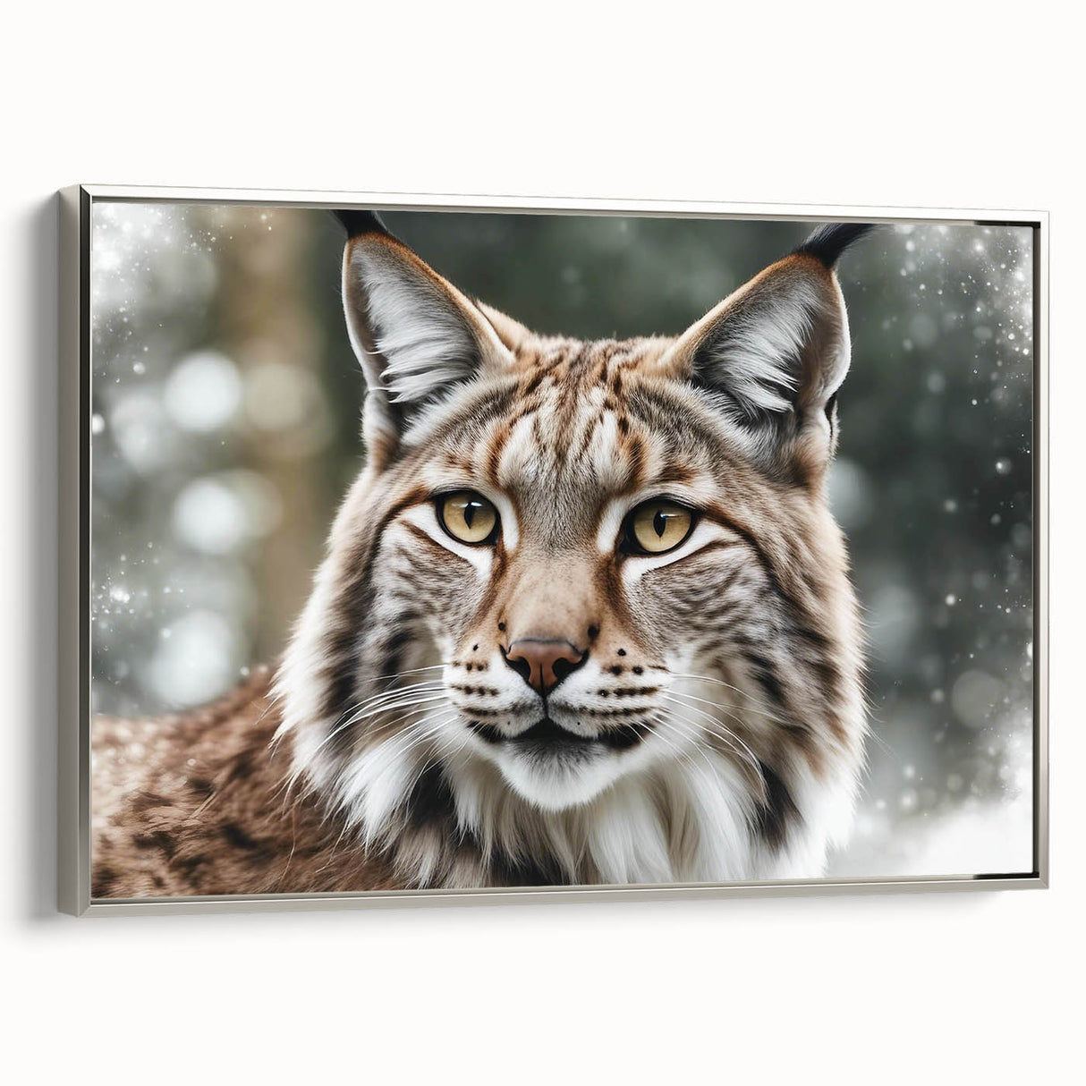 Framed canvas wall art featuring a stunning lynx design from the "Animals of the Wild" collection, presented in silver, showcasing intricate details and vibrant colors. Ideal for nature enthusiasts and modern decor.