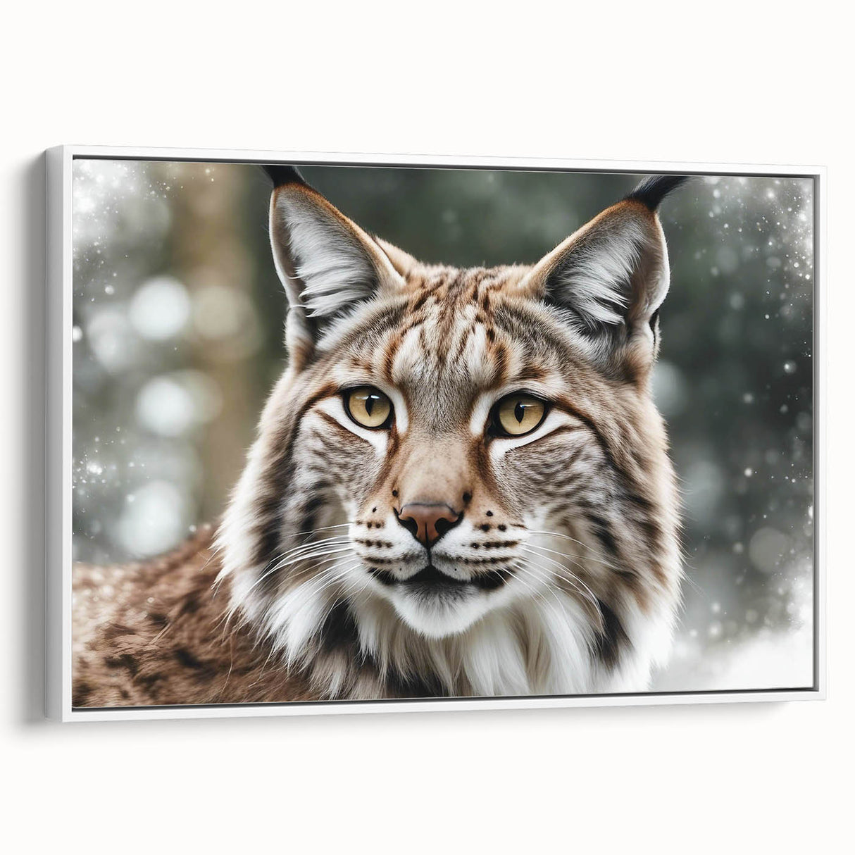 Framed canvas wall art showcasing a detailed lynx design in a modern style, featuring a white background and vibrant colors, ideal for wildlife enthusiasts.