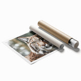 Lynx wall art print featuring a detailed, colorful illustration of a wild lynx in a natural setting, rolled and ready for framing, perfect for wildlife enthusiasts.