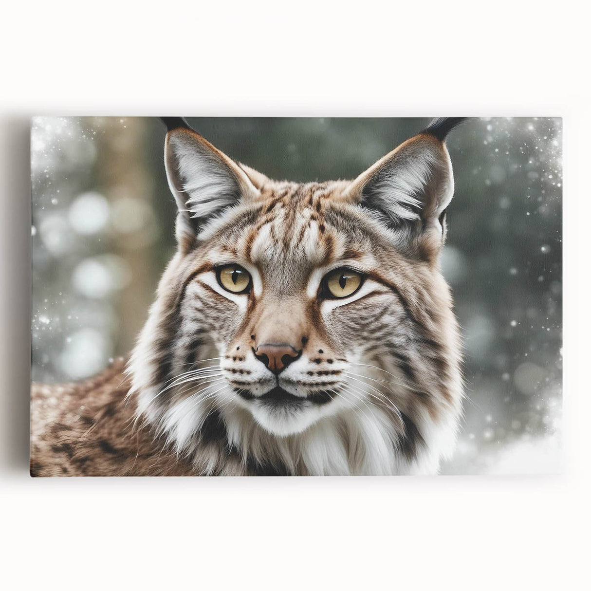 Lynx wildlife wall art on stretched canvas showcasing a detailed front view of a lynx in a natural setting, perfect for animal lovers' home decor.
