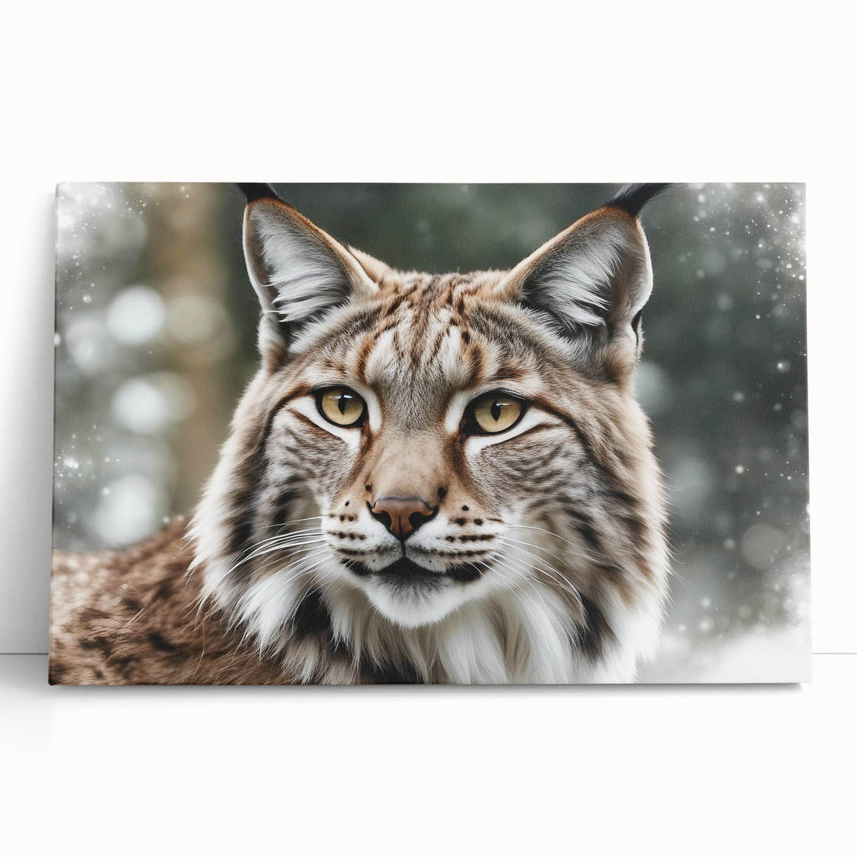 Lynx wall art design on stretched canvas, showcasing a detailed portrait of a wild lynx with vibrant colors, perfect for nature-themed home decor.