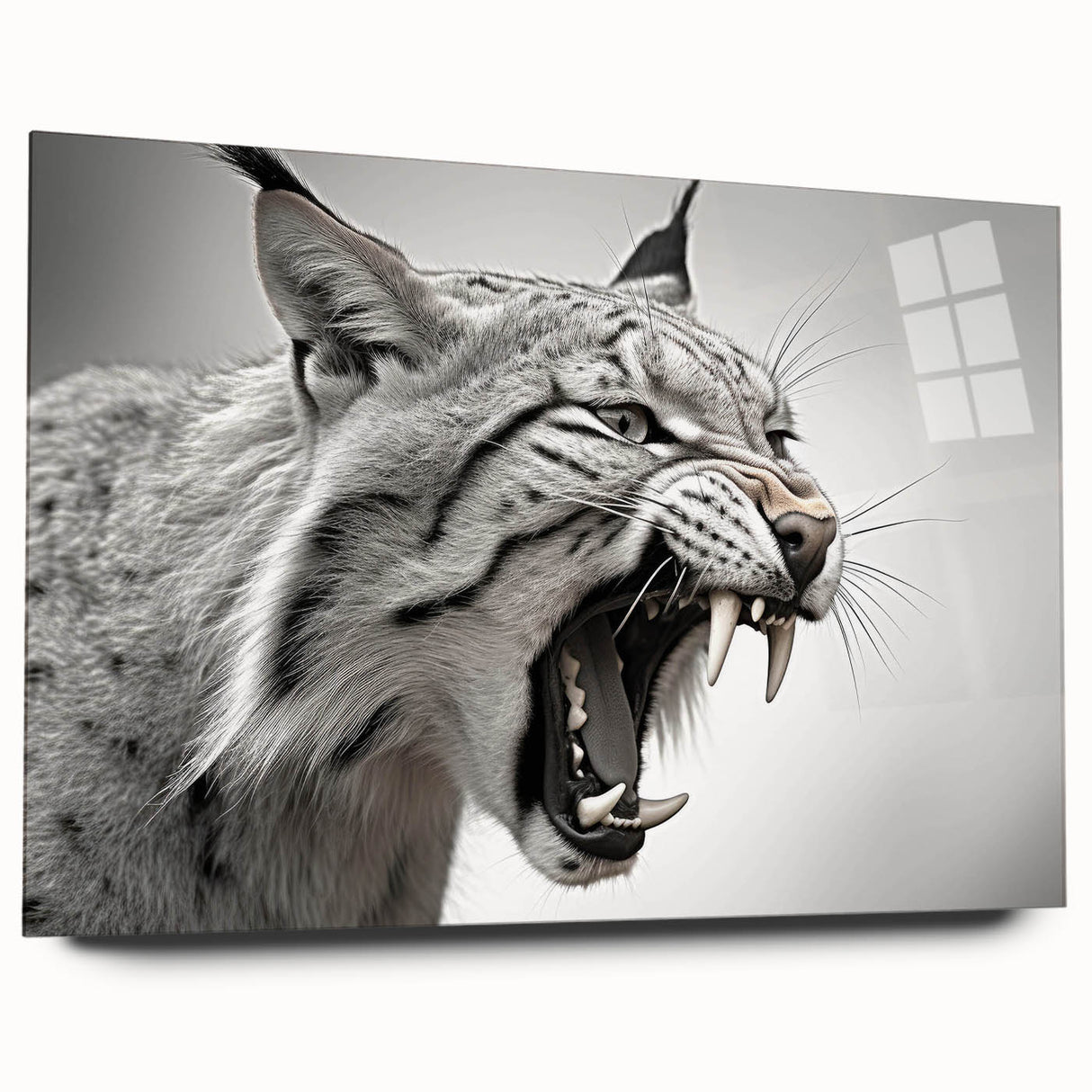 Lynx wall art design on acrylic glass, showcasing a side view of the wild feline in vibrant colors, perfect for nature-themed decor. Ideal for animal lovers and interior design enthusiasts.