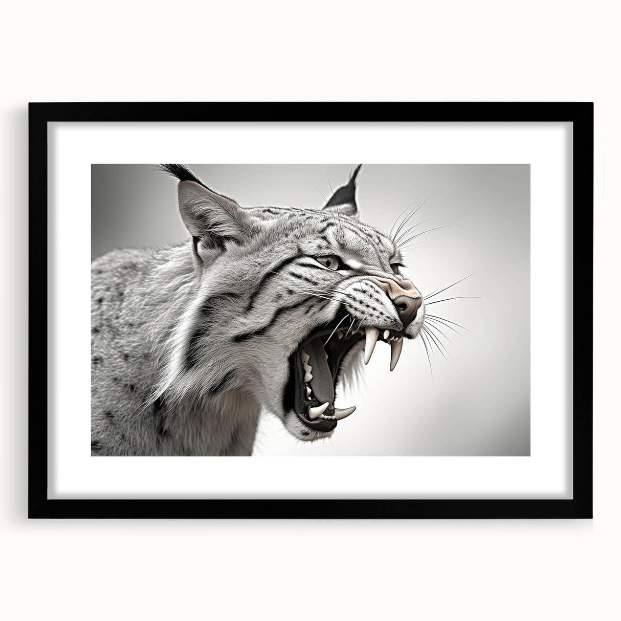 Lynx wall art design featuring a striking black frame and mat, showcasing detailed wildlife imagery, perfect for enhancing home decor with a nature theme.