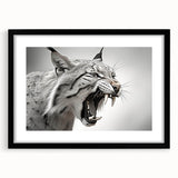 Lynx wall art design featuring a striking black frame and mat, showcasing detailed wildlife imagery, perfect for enhancing home decor with a nature theme.