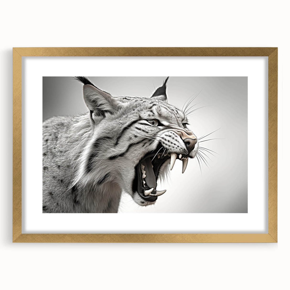 Lynx wall art design framed in elegant gold, showcasing intricate wildlife details and a vibrant color palette, perfect for nature enthusiasts' decor.