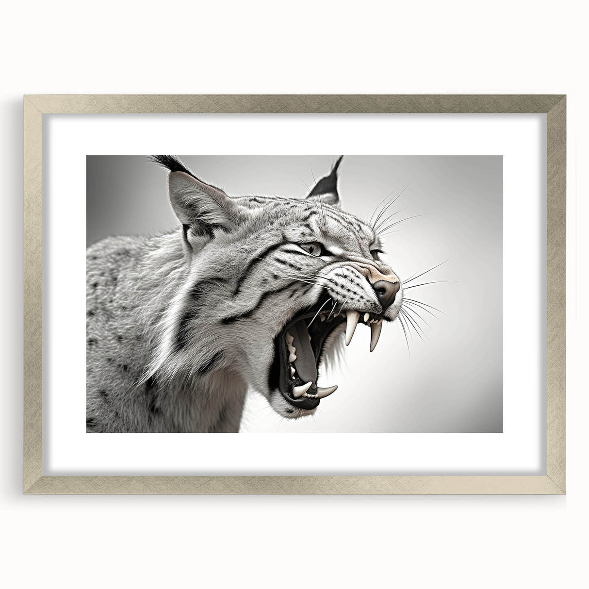 Framed wall art collection showcasing a lynx design, featuring a silver mat and frame, perfect for wildlife enthusiasts and home decor.