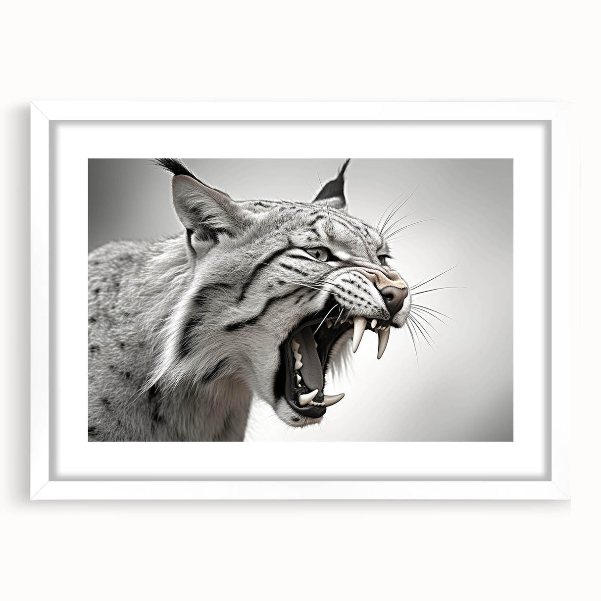 Framed wall art featuring a lynx design in a white mat and frame, showcasing detailed wildlife imagery perfect for nature lovers and home decor enthusiasts.