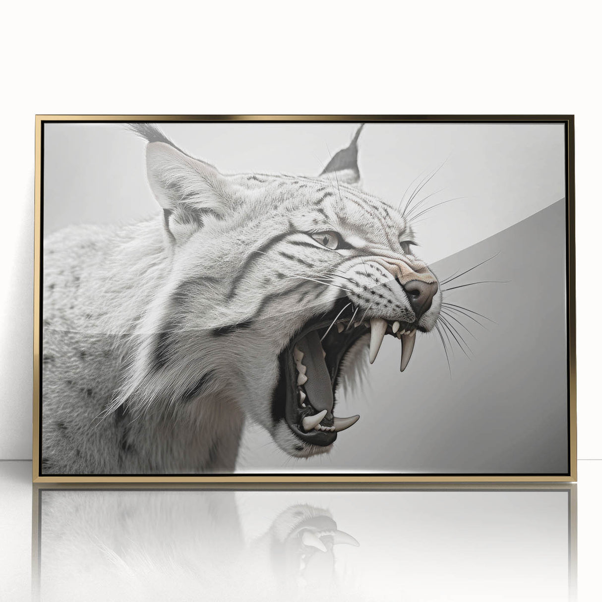Framed wall art featuring a stunning lynx design in a gold-accented frame, showcasing intricate details and vibrant colors, ideal for wildlife enthusiasts.