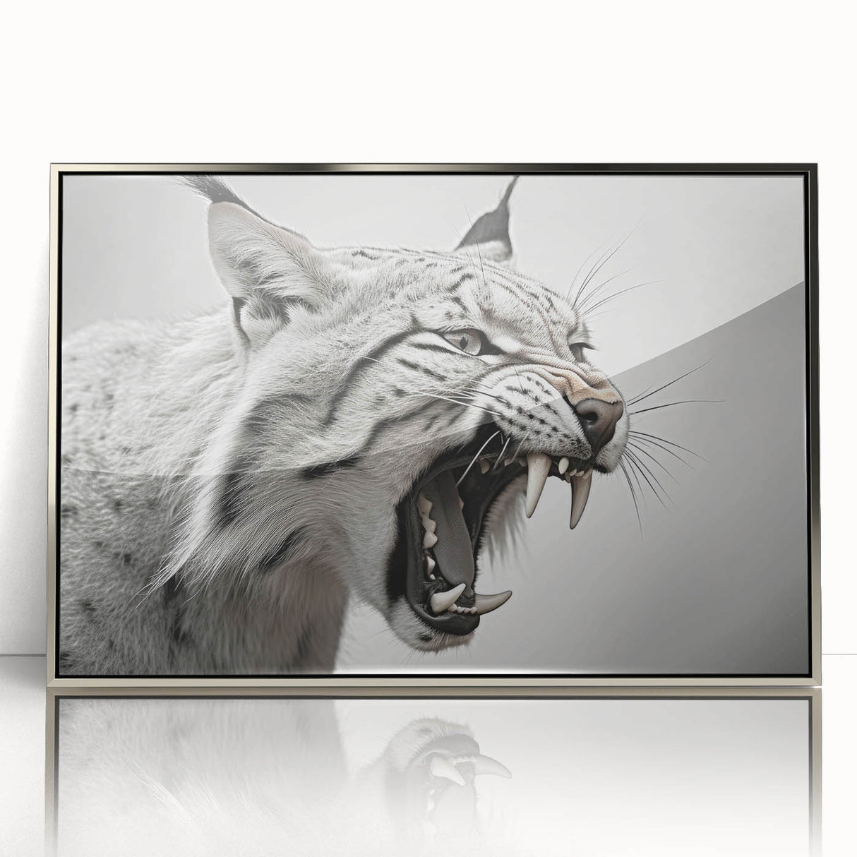 Framed wall art featuring a striking lynx design, presented in an elegant silver frame with acrylic front, perfect for wildlife enthusiasts and home decor.