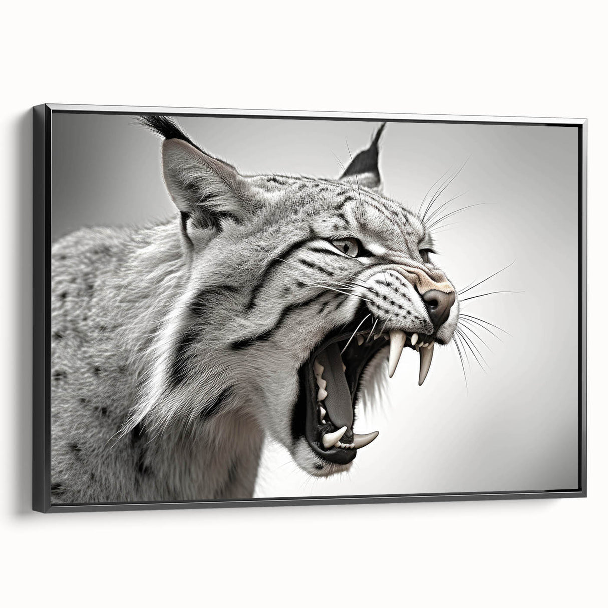 Framed wall art showcasing a stunning lynx design in vibrant colors, set against a black background, perfect for wildlife enthusiasts and modern decor.