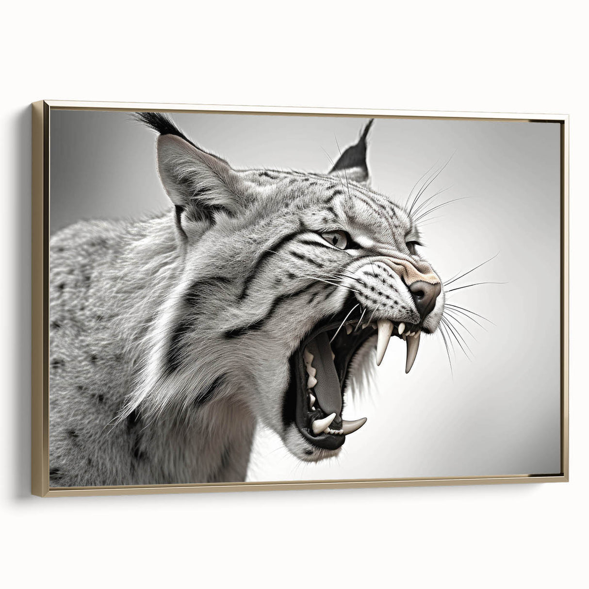 Lynx wall art design featuring a majestic lynx in a golden-framed canvas, showcasing intricate details and vibrant colors, perfect for animal lovers and home decor.