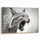 Lynx wall art design featuring a majestic lynx in a golden-framed canvas, showcasing intricate details and vibrant colors, perfect for animal lovers and home decor.