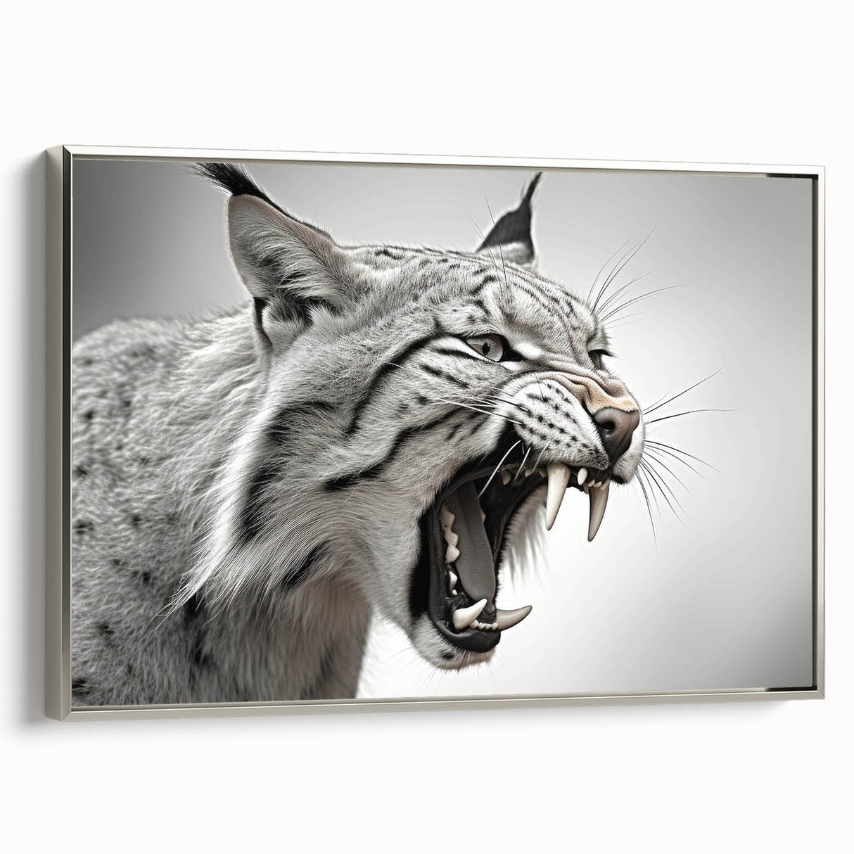 Framed wall art featuring a silver-sided lynx design, showcasing intricate details and vibrant colors, perfect for animal lovers and modern decor enthusiasts.