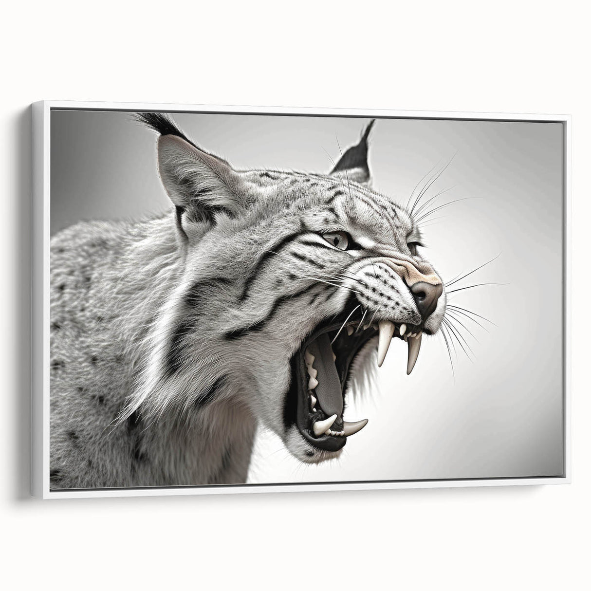 Framed wall art featuring a lynx design from the "Animals of the Wild" collection, set against a white background, showcasing vibrant colors and intricate details. Ideal for nature enthusiasts, this canvas piece enhances home decor with its striking wildlife aesthetic.