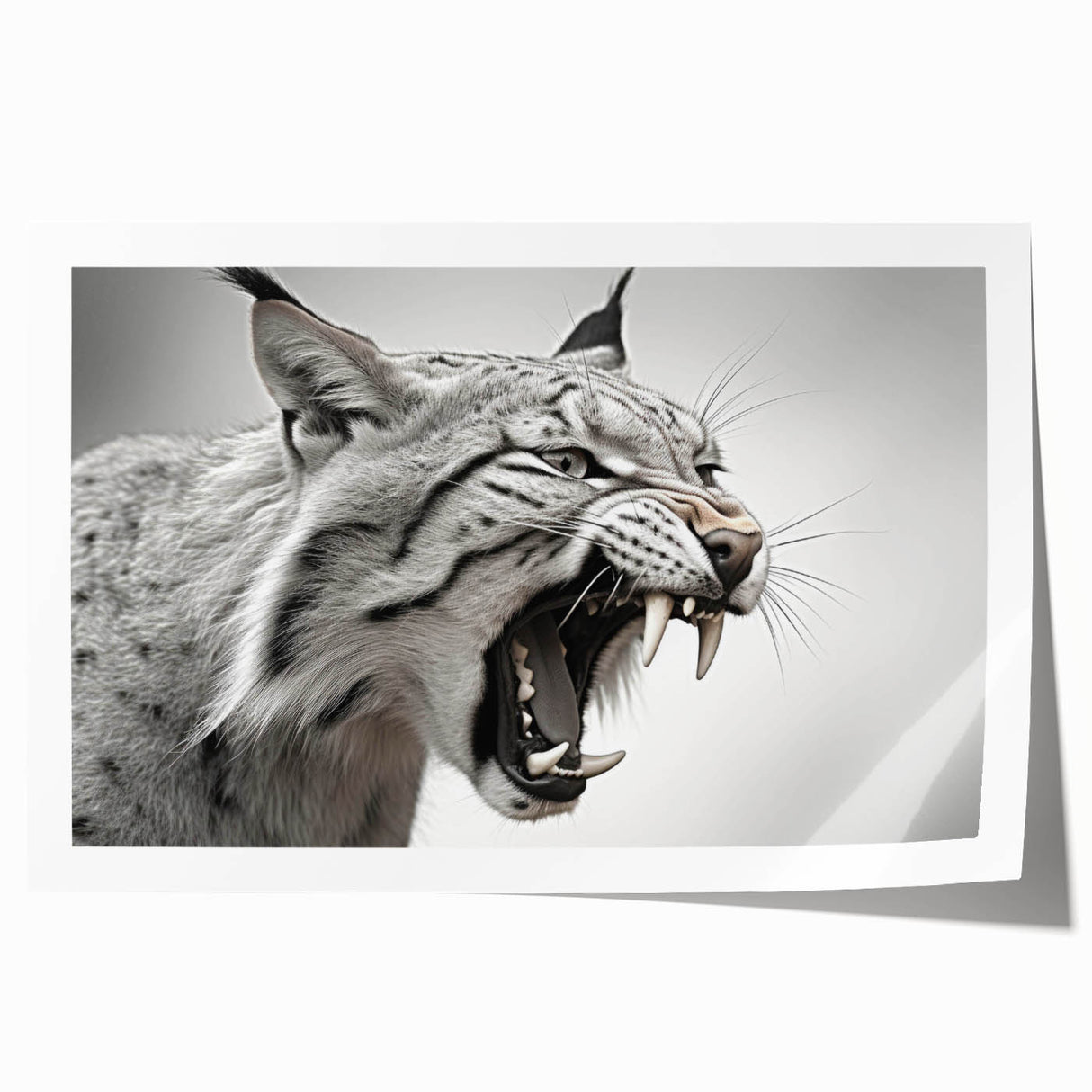 Lynx wall art design showcasing a detailed illustration of a wild lynx amidst a natural landscape, printed on high-quality rolled canvas, ideal for home decor.