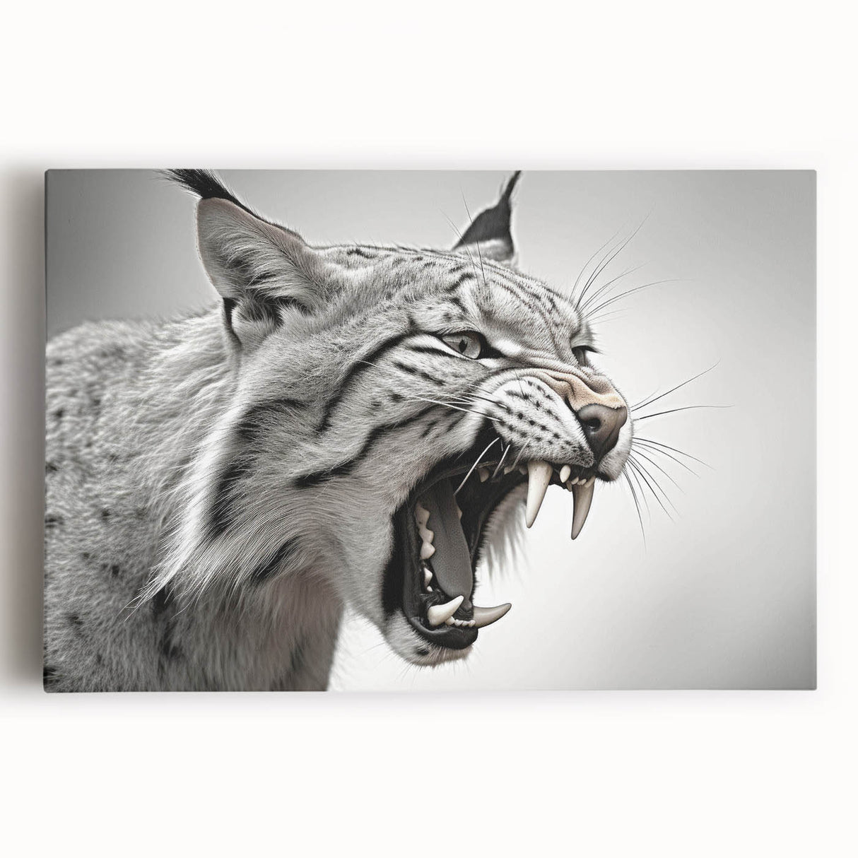 Stretched canvas wall art featuring a striking lynx design, showcasing detailed fur textures and vibrant colors against a neutral background, perfect for wildlife enthusiasts.