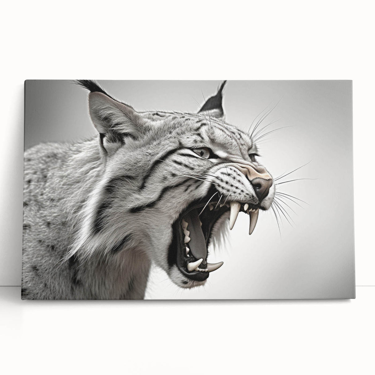 Lynx wall art design on a stretched canvas, showcasing detailed wildlife illustration with vibrant colors, elegantly leaning against a wall for decor inspiration.