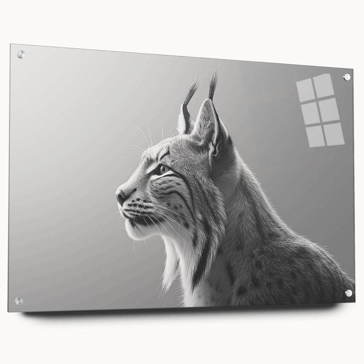 Lynx wall art design featuring a vivid acrylic glass finish, showcasing a side view of the animal with intricate details and vibrant colors, ideal for wildlife enthusiasts.