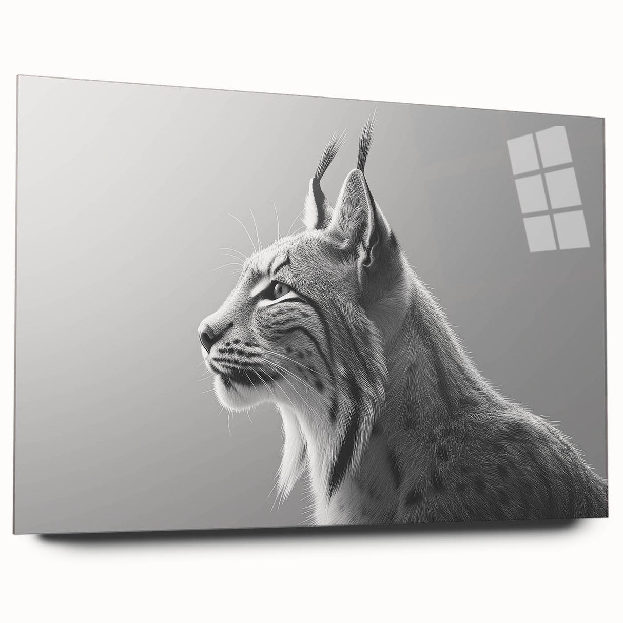 Lynx wall art design showcasing a side view of a beautifully crafted acrylic glass piece, featuring vibrant colors and intricate details, perfect for wildlife enthusiasts.