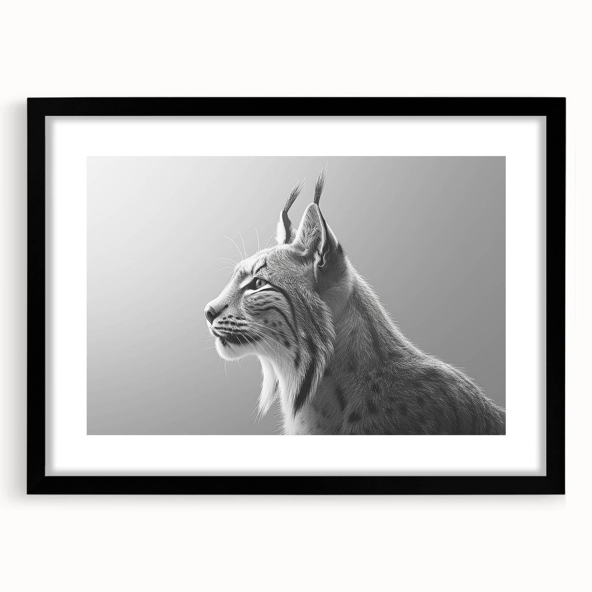 Lynx wall art design framed in black, showcasing a majestic wild lynx against a natural backdrop, perfect for nature lovers and home decor enthusiasts.