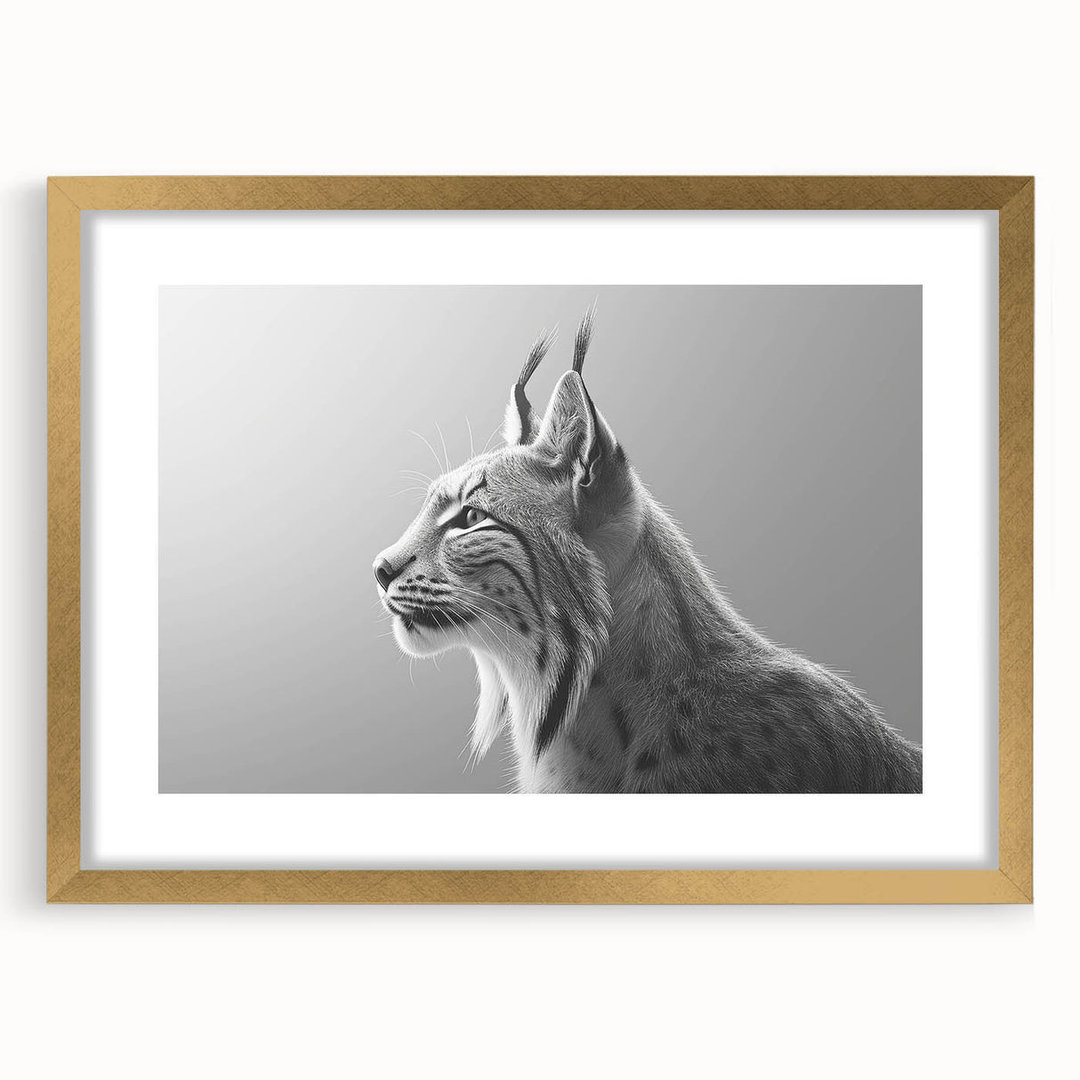 Lynx wall art collection framed with a gold mat, showcasing a detailed wildlife design. Perfect for nature lovers, this piece adds elegance to any decor.