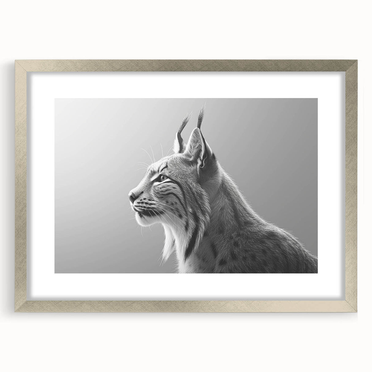 Lynx wall art design in a silver frame, showcasing a stunning wildlife illustration. The piece features intricate details and vibrant colors, perfect for enhancing home decor.