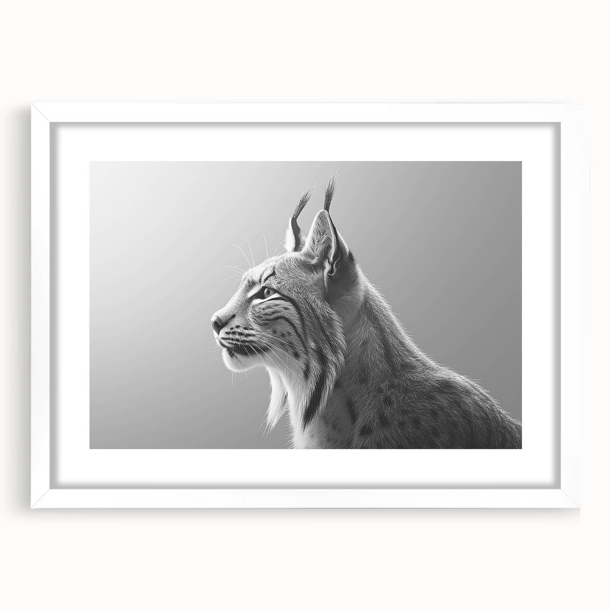 Front view of a framed wall art collection featuring a stylized lynx design, set against a white mat, ideal for wildlife enthusiasts and modern decor.