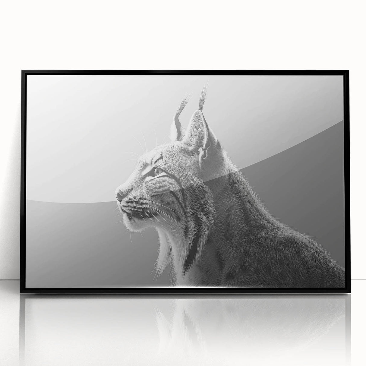 Framed acrylic wall art featuring a stunning lynx design in a black frame, showcasing vibrant colors and intricate details, perfect for wildlife enthusiasts.