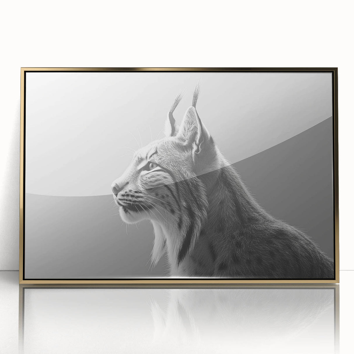 Framed wall art featuring a majestic lynx design on a gold-acrylic background, showcasing vibrant colors and intricate details, perfect for wildlife enthusiasts.