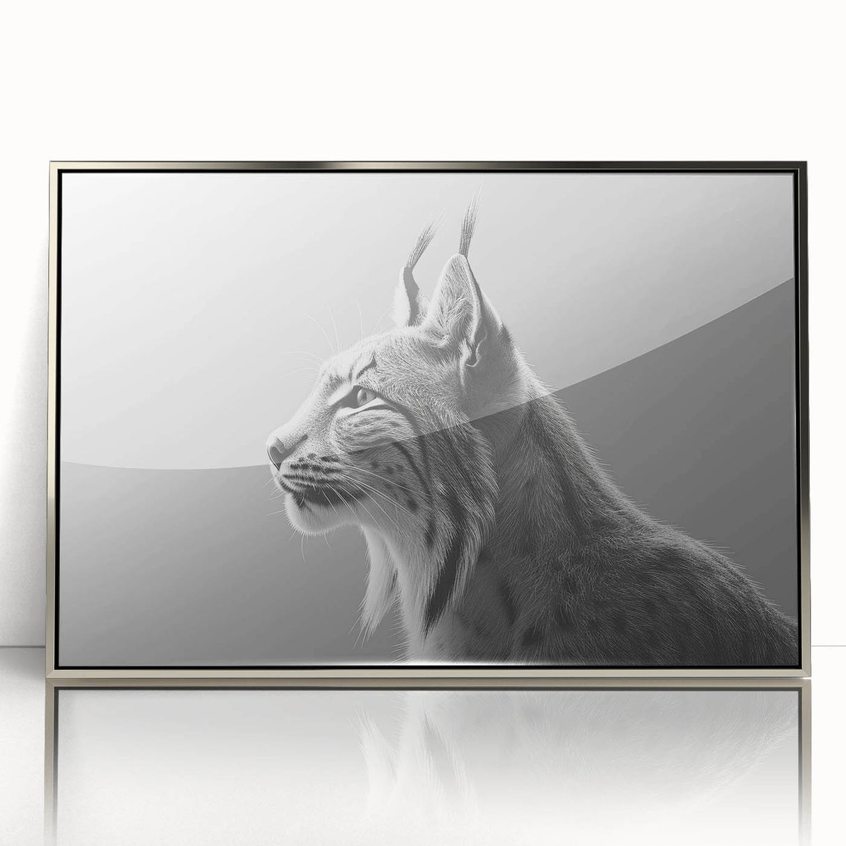Framed wall art featuring a striking lynx design in acrylic, showcasing intricate details and a silver frame, ideal for wildlife enthusiasts and home decor.