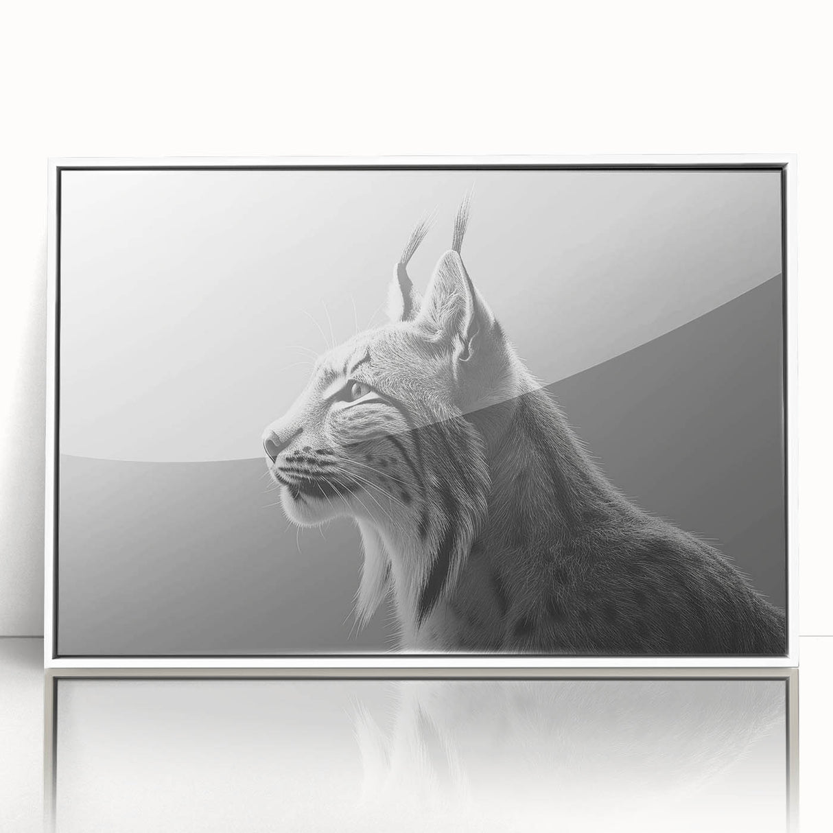Framed wall art collection featuring a sleek white border showcasing a stunning lynx design, perfect for enhancing modern home decor with wildlife themes.