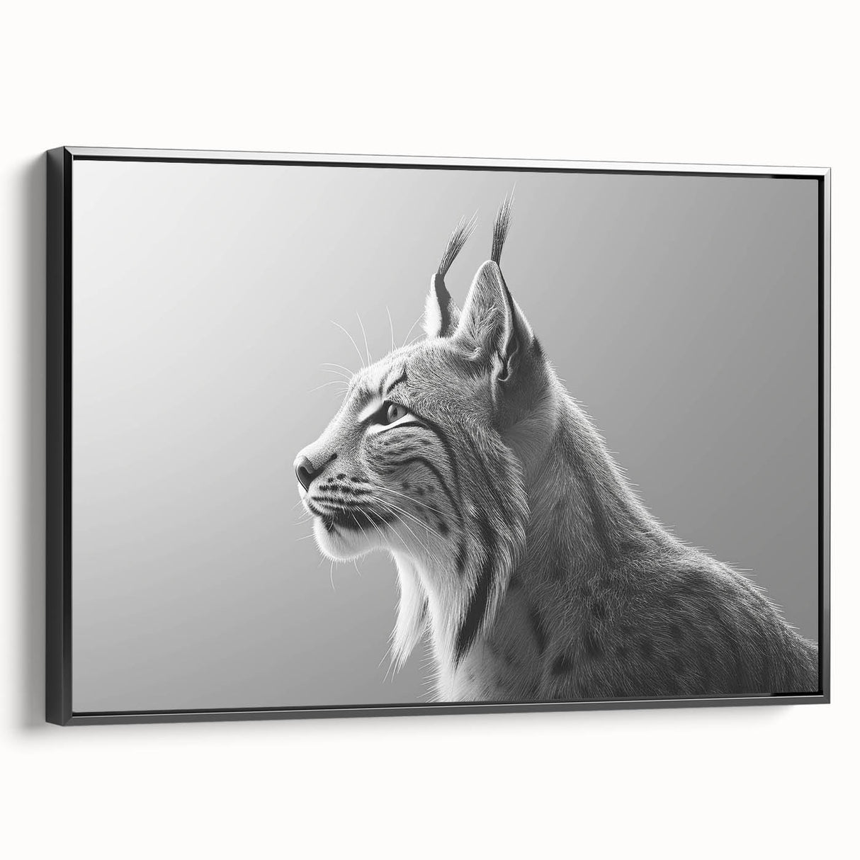 Framed canvas wall art featuring a sleek black lynx design, showcasing intricate detailing and vibrant colors, perfect for wildlife enthusiasts and modern decor.